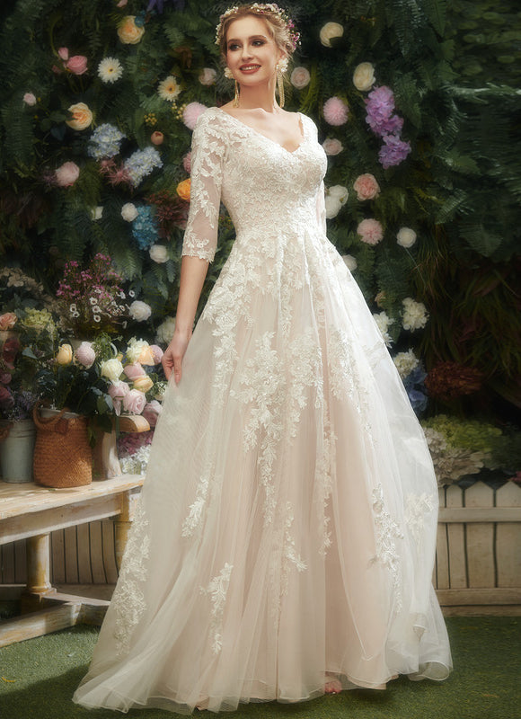 Robe Pastel Rose Traîne Tulle Dentelle - gallery 1