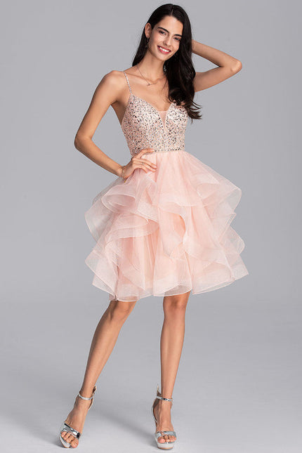Robe Pastel Rose Col V Tulle Bal - gallery 3
