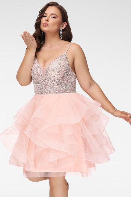 Robe Pastel Rose Col V Tulle Bal - gallery 4