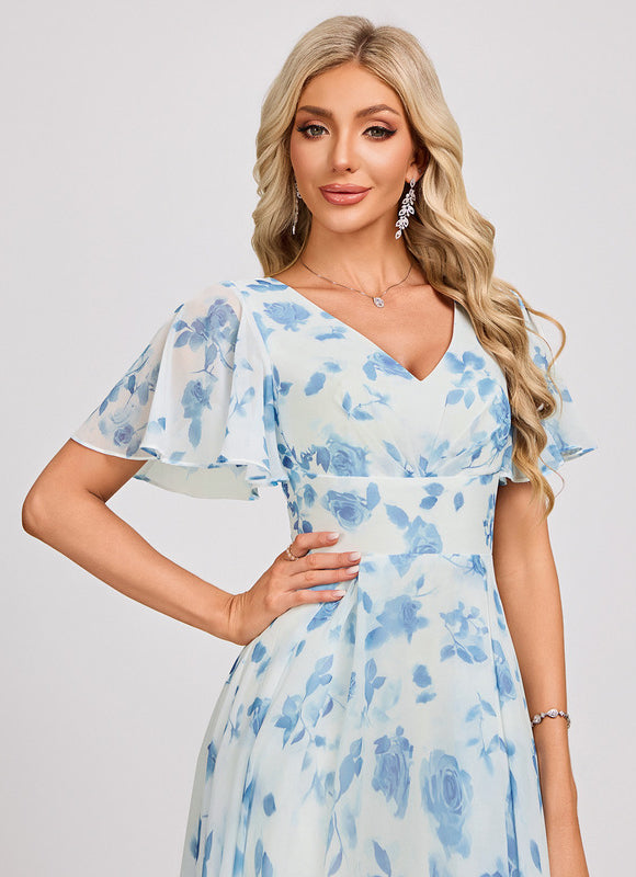 Robe Pastel Bleu Asymétrique Col V Volants - gallery 4