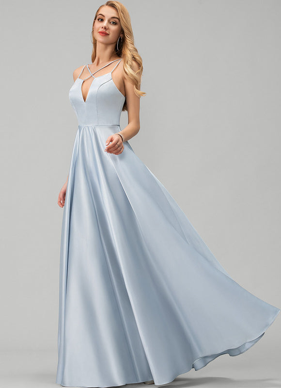 Robe Pastel Bleue Satin Trapèze Col V - gallery 2