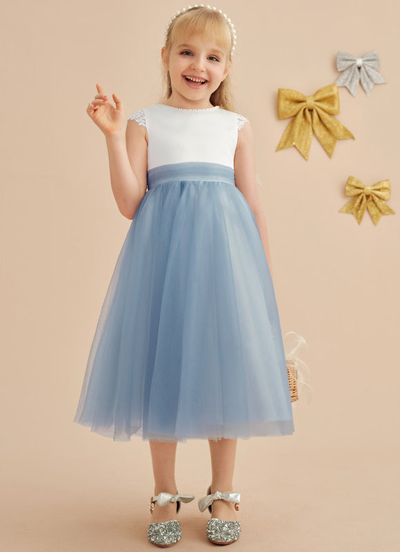 Robe Pastel Bleu Col Rond Satin Tulle - gallery 9