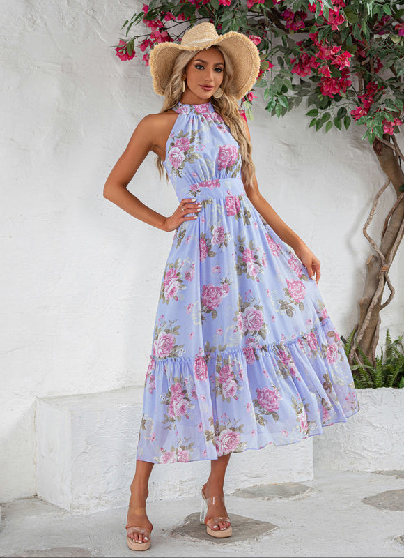 Robe Pastel Bleu Fleuri À Volants - gallery 5