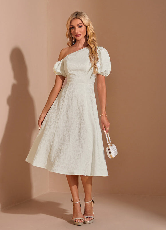 Robe Pastel Crème Décolleté Asymétrique Midi - gallery 5