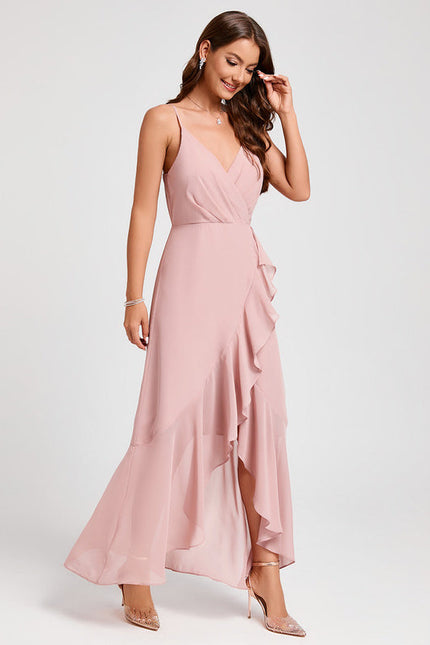 Robe Pastel Rose Col V Asymétrique À Volants - gallery 1