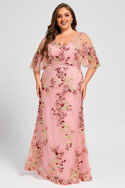 Robe Pastel Rose Col V Dentelle Élégante - gallery 7