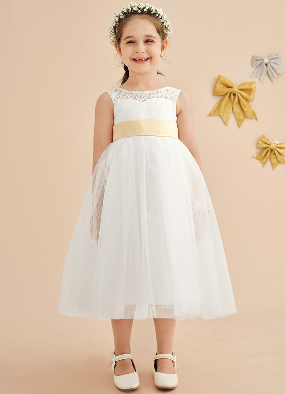 Robe Pastel Blanche Fille Mariage Col Rond