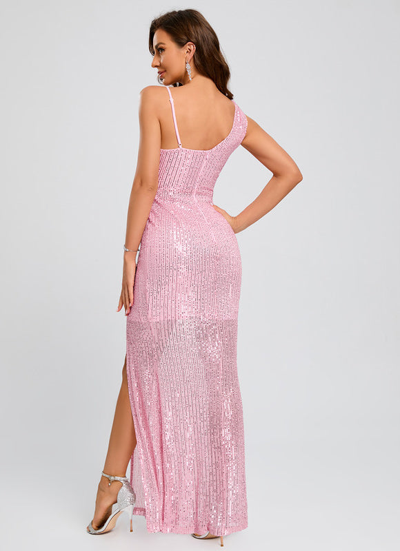 Robe Pastel Rose Pailletée Col Asymétrique - gallery 1