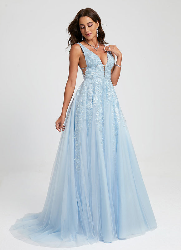 Robe Pastel Bleu Col V Traîne Dentelle - gallery 2