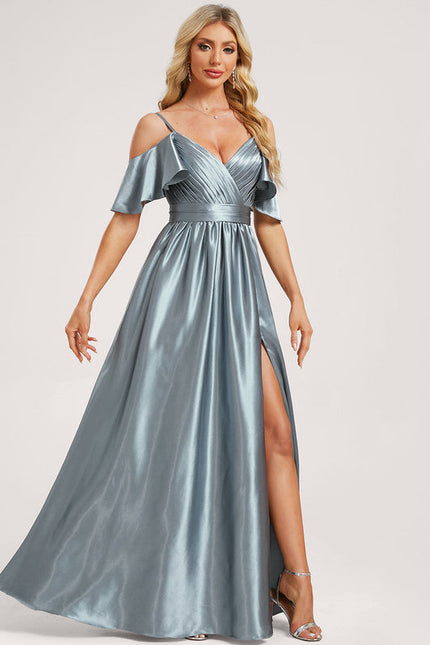Robe Pastel Satin Bleu Décolleté Épaules - gallery 3