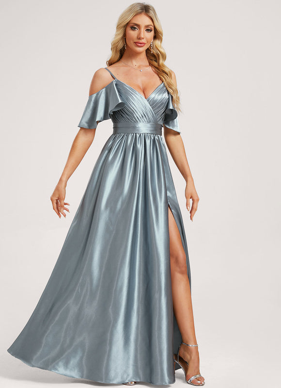 Robe Pastel Satin Bleu Décolleté Épaules - gallery 3