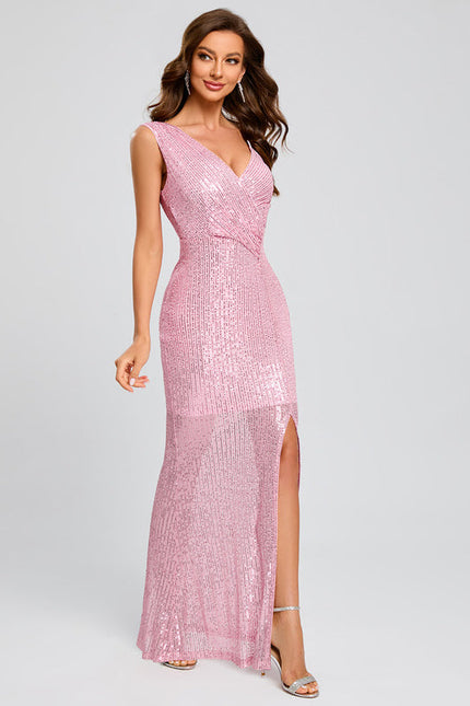 Robe Pastel Rose Pailletée Col Asymétrique - gallery 3