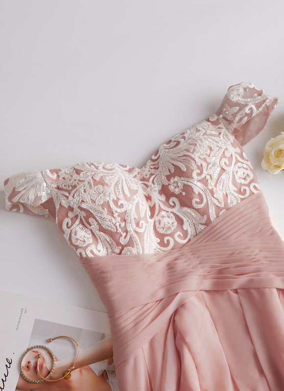 Robe Pastel Rose Asymétrique Dentelle Élégante - gallery 3