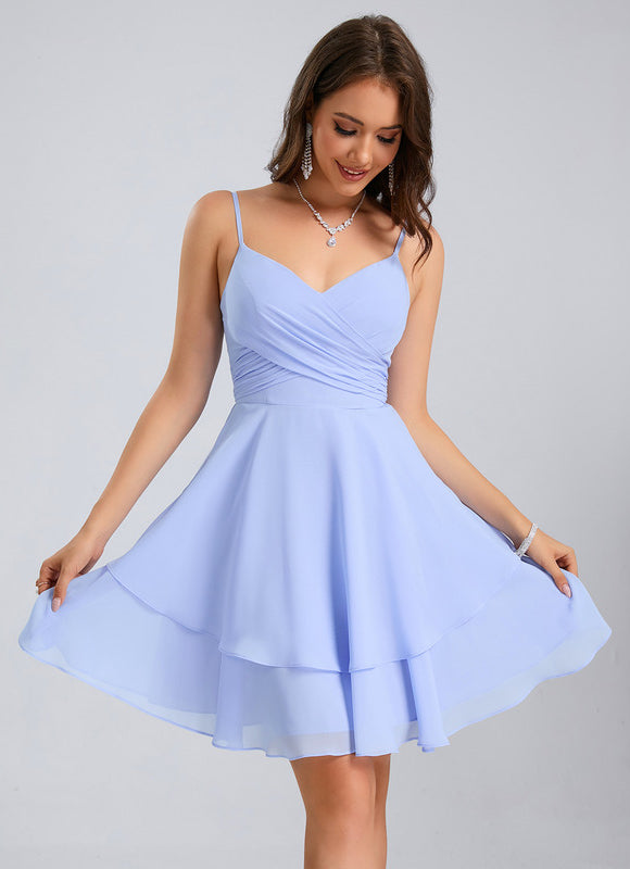 Robe Pastel Bleu Col V Trapèze Mousseline