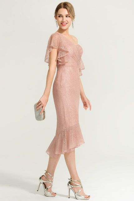 Robe Pastel Rose Décolleté Asymétrique Dentelle - gallery 3