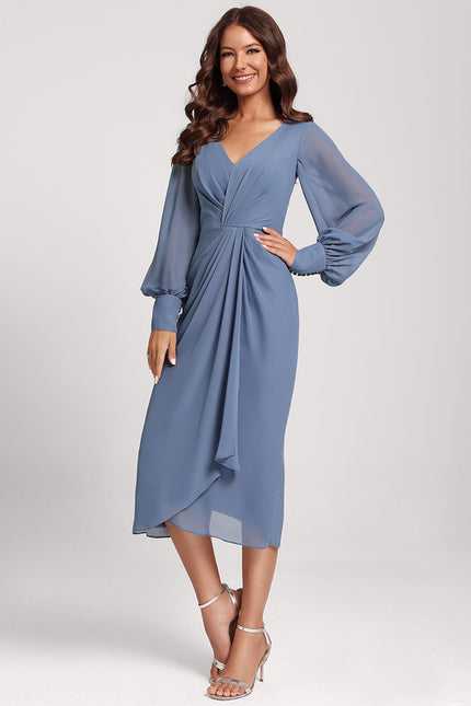 Robe Pastel Bleu Col V Longueur Mollet - gallery 3