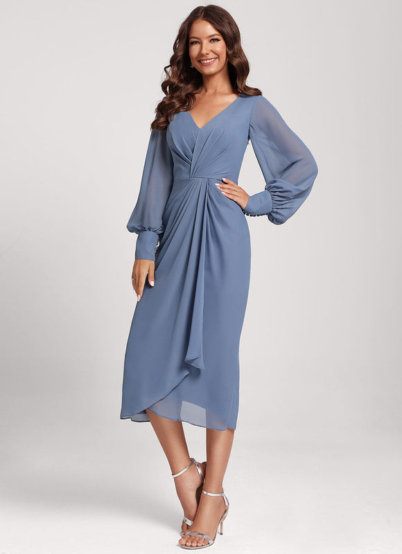 Robe Pastel Bleu Col V Longueur Mollet - gallery 3