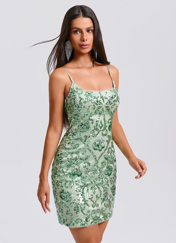 Robe Pastel Verte Moulante Pailletée - gallery 3