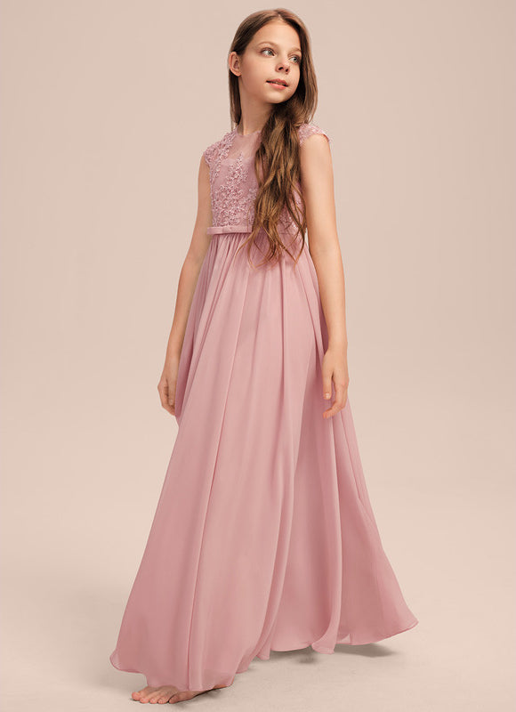 Robe Pastel Rose Col Rond Longue Dentelle - gallery 1
