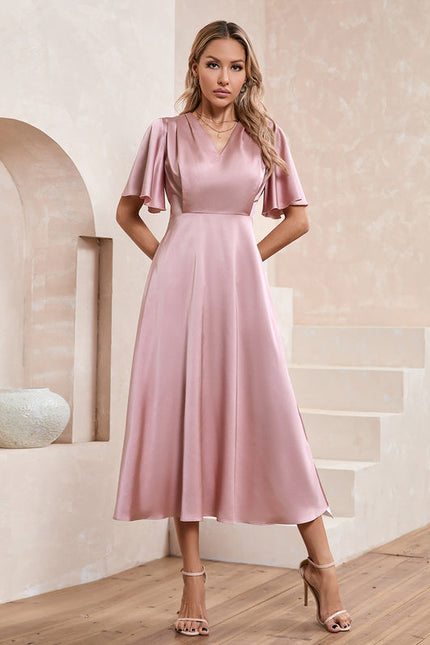Robe Pastel Rose Satin Col V Midi - gallery 1