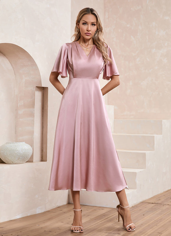 Robe Pastel Rose Satin Col V Midi - gallery 1