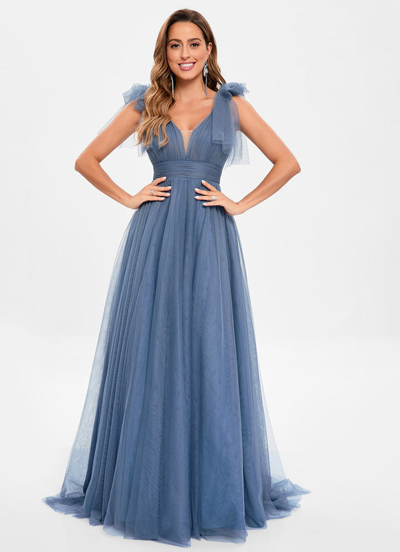 Robe Pastel Bleu Col V Traîne Tulle - gallery 5