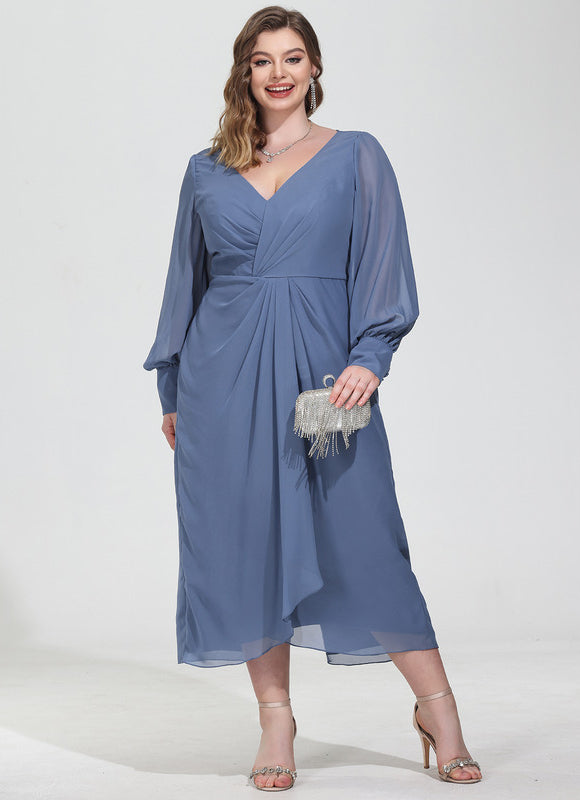 Robe Pastel Bleu Col V Longueur Mollet - gallery 8
