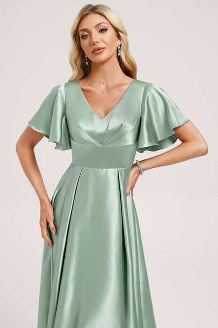 Robe Pastel Vert Satin Volants Asymétrique - gallery 3