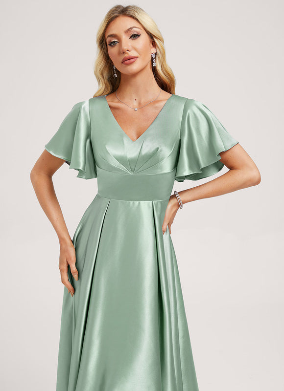 Robe Pastel Vert Satin Volants Asymétrique - gallery 3
