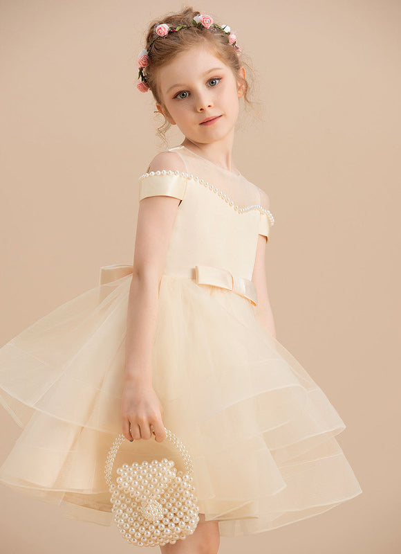 Robe Pastel Crème En Satin Tulle Pour Fille - gallery 4