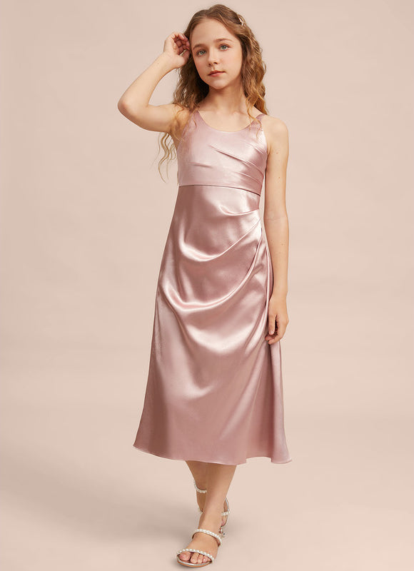 Robe Pastel Rose Satin Longueur Mollet - gallery 1