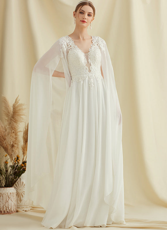 Robe Pastel Blanche Col V Longueur Ras Du Sol - gallery 3