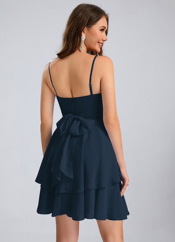 Robe Pastel Bleu Col V Trapèze Mousseline - gallery 7
