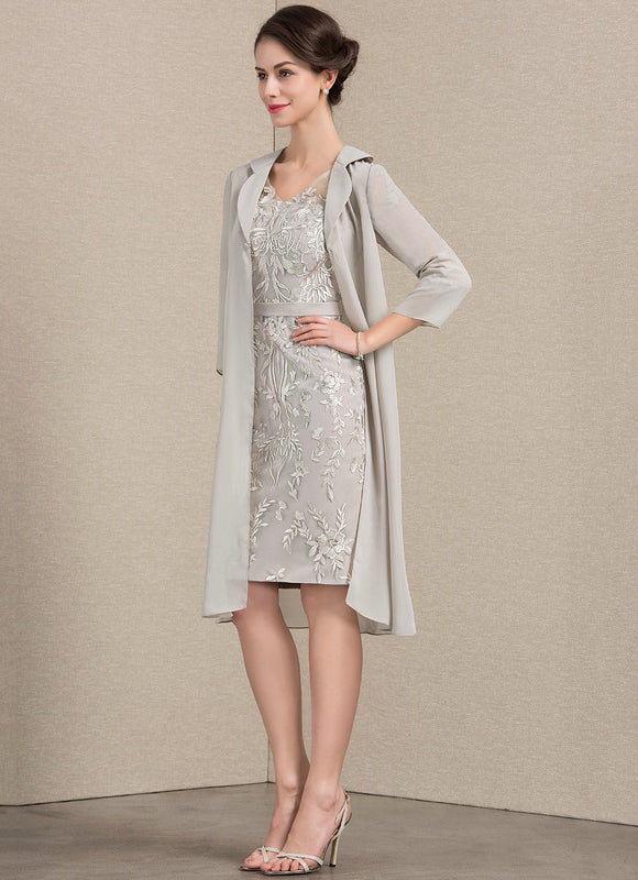Robe Pastel Gris Col V Courte Dentelle - gallery 3