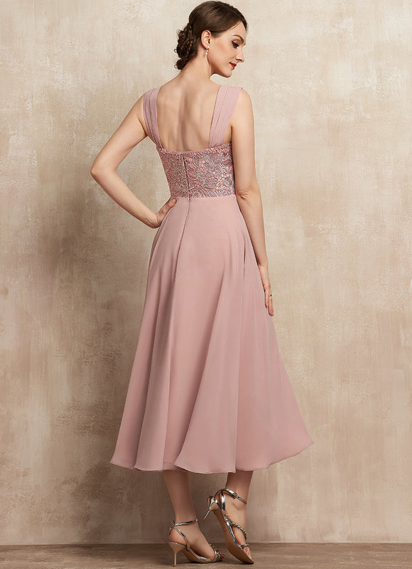 Robe Pastel Rose Mousseline Dentelle Élégante - gallery 7