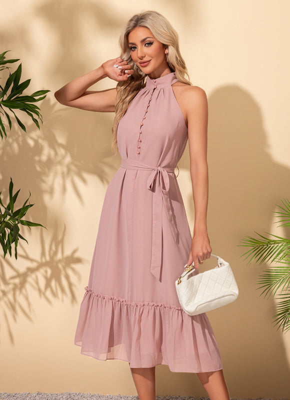 Robe Pastel Rose Mousseline Midi Volants - gallery 6