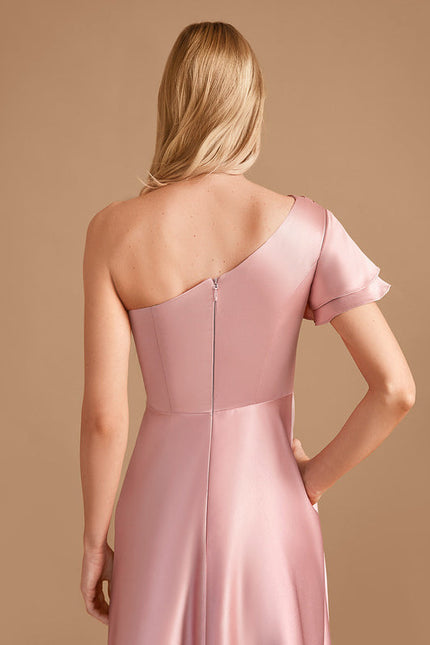 Robe Pastel Rose Décolleté Asymétrique Satin - gallery 5