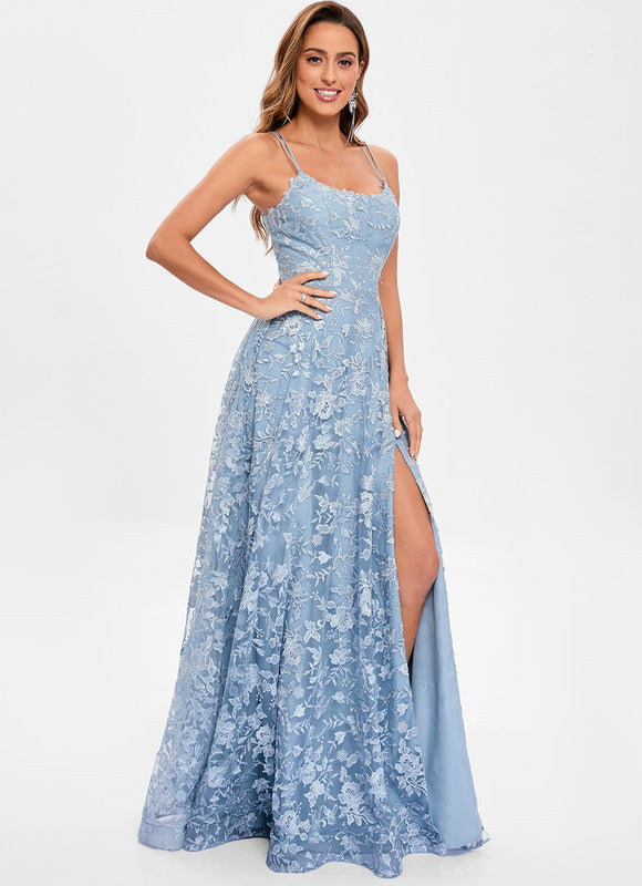 Robe Pastel Bleu Col Rond Dentelle - gallery 2