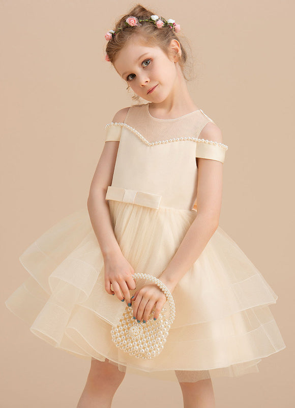 Robe Pastel Crème En Satin Tulle Pour Fille - gallery 5