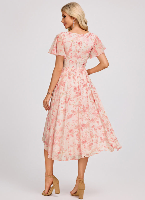 Robe Pastel Bleu Asymétrique Col V Volants - gallery 5