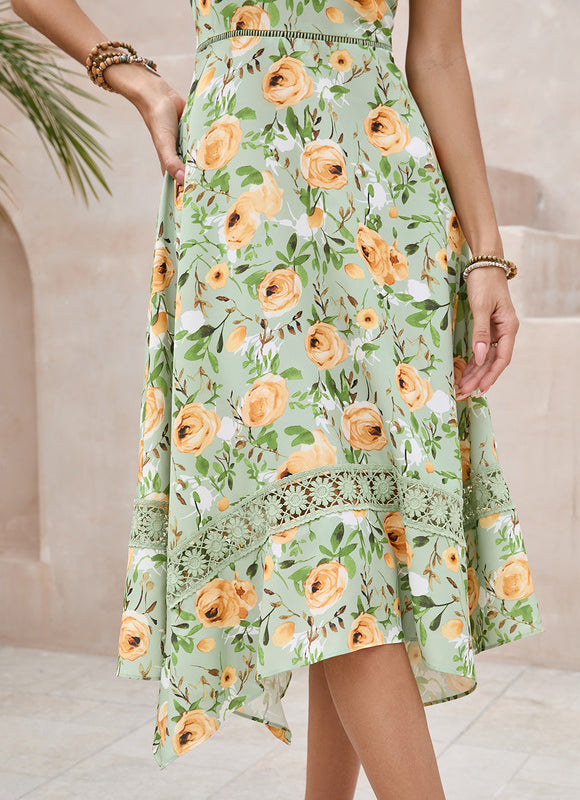 Robe Pastel Verte Imprimée Fleuri Midi - gallery 5