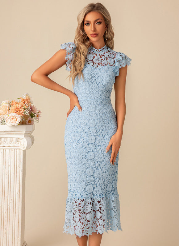Robe Pastel Bleu Dentelle Col Montant - gallery 2