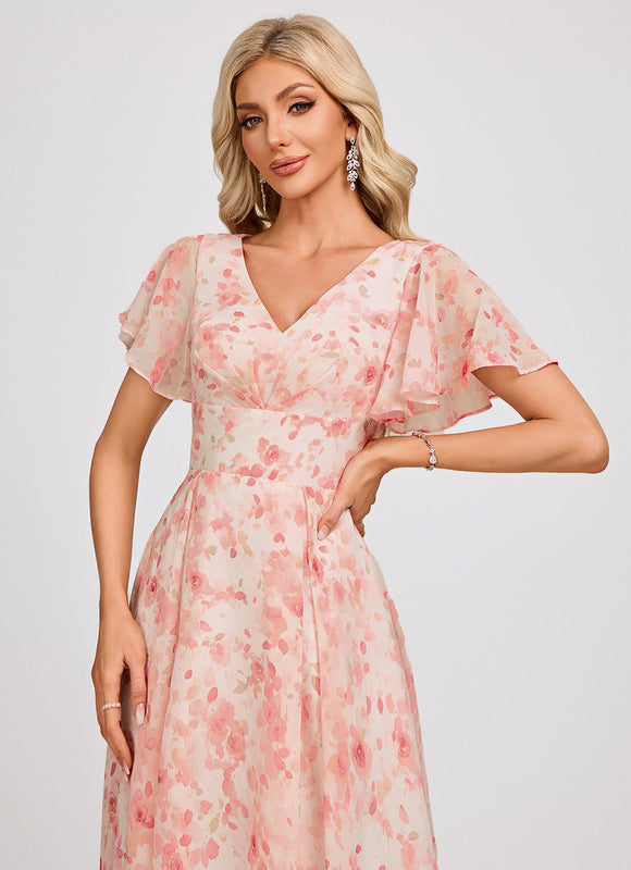 Robe Pastel Bleu Asymétrique Col V Volants - gallery 4