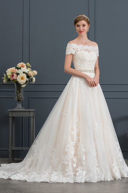 Robe Pastel Mariée Crème Dentelle Traîne - gallery 3