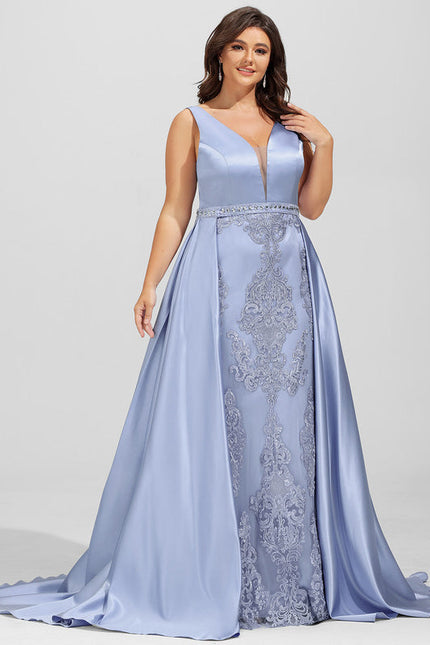 Robe Pastel Bleu Col V Traîne Dentelle - gallery 9