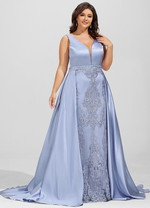 Robe Pastel Bleu Col V Traîne Dentelle - gallery 9