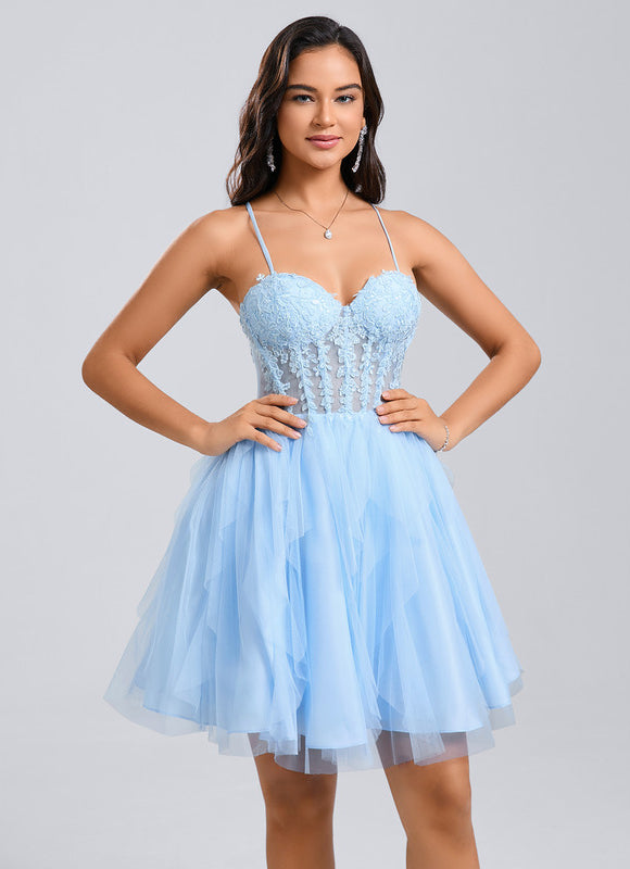 Robe Pastel Bleu Ciel Col Cœur Volants - gallery 3