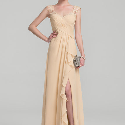 Robe Pastel Beige Dentelle Trapèze Longue