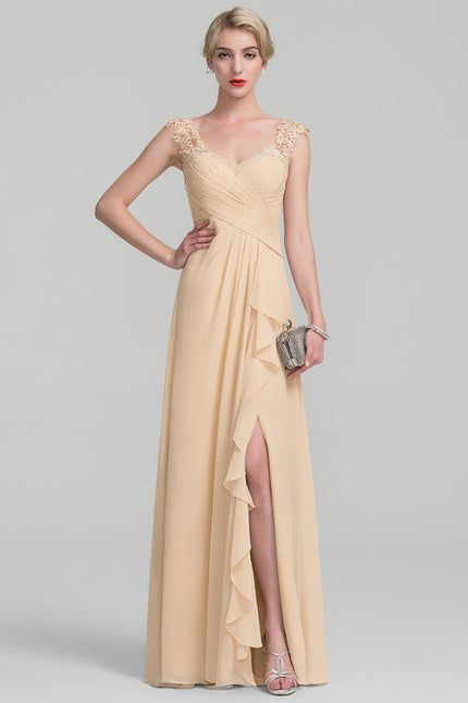 Robe Pastel Beige Dentelle Trapèze Longue