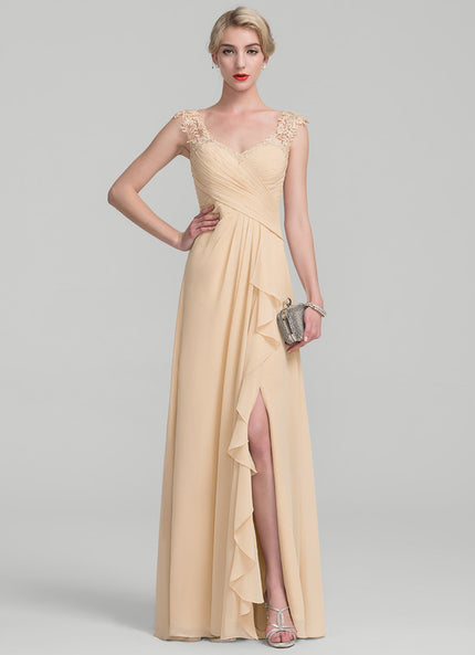 Robe Pastel Beige Dentelle Trapèze Longue